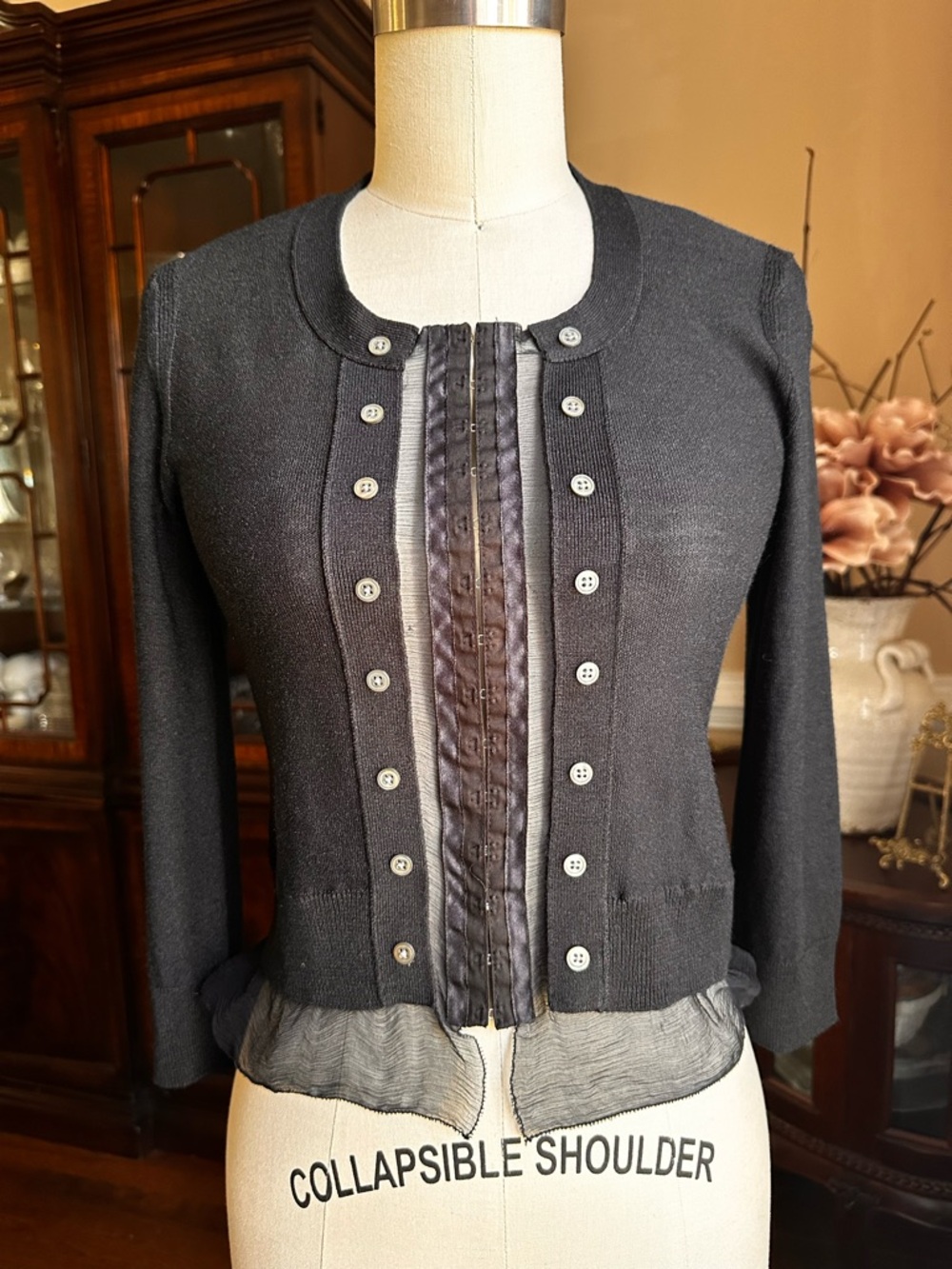 DKNY Silk Black Knit Hook and Eye closure cardigan with Sheer Silk Ruffle Hem